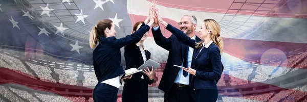 Happy Business People Giving High Five American Flag — Stock Photo, Image