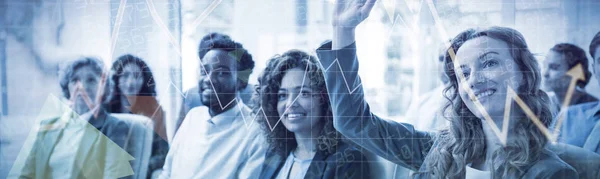 Stocks and shares against businesswoman raising hand during meeting