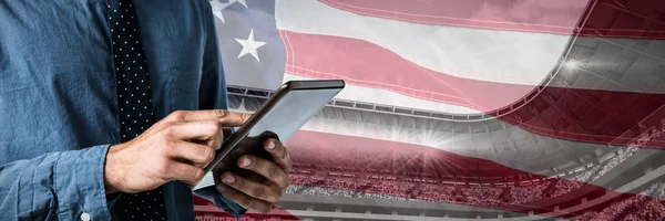 Mid Section Business Man Using Tablet Close American Flag — Stock Photo, Image