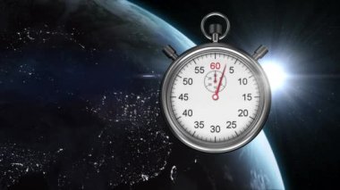 Dijital olarak oluşturulan kronometre 15 saniyeye kadar sayarken arka plan, uzaydan dönen dünyanın bir kısmını gösterir
