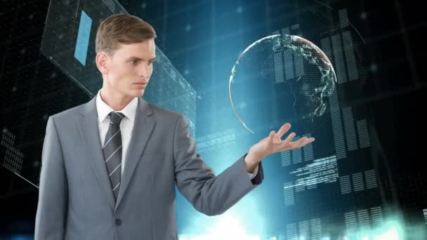 composite numérique d'un jeune homme caucasien en costume tenant un globe numérique sur la main gauche tandis que les graphiques de date montre à l'arrière-plan 