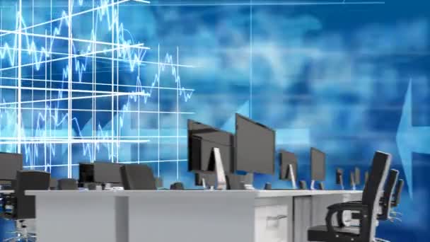 Digitally Generated Animation Office Lot Desk Computers While Background Shows — Stock Video