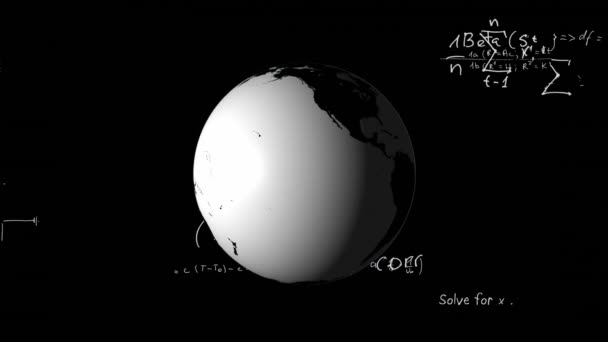 Digitally Generated Rotating Globe While Mathematical Equations Written White Ink — Stock Video