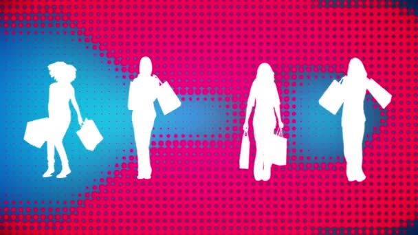 Silhouettes Numériques Quatre Femmes Avec Sacs Provisions Fond Coloré Bleu — Video