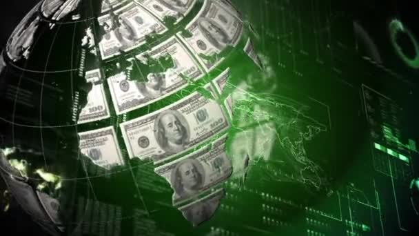 数字动画地球与美元票据在表面转动反对绿色背景与世界地图 — 图库视频影像