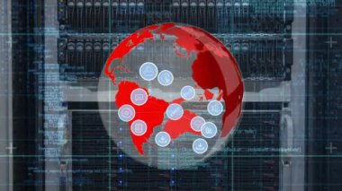 Dijital simgeler hareket ederken ve genişlerken dijital olarak oluşturulan dönen küre. Arka plan dijital bilgileri gösterir