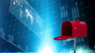 Arka plan dijital dünya haritasını gösterirken dijital olarak oluşturulan kırmızı posta kutusu mektup göndererek