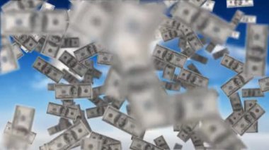 Dijital olarak üretilen dolar banknotları gökyüzünde yüzen. Bulutlarla gökyüzünün arka planı