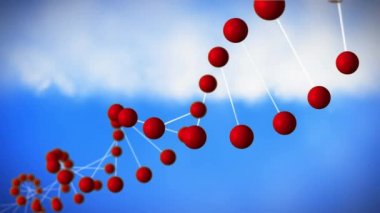 Dijital olarak üretilen DNA çift sarlak iplikçik dönen. Arka plan bulutlarla gökyüzünü gösterir.