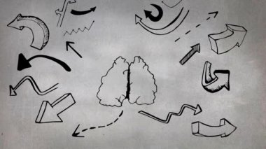 Dijital olarak oluşturulan beyin çizimi pembe oklarla çevrili renkli. Gri arka plan.