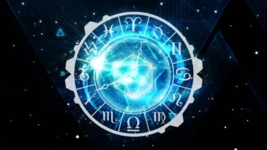 Dijital zodyak işareti sembolleri ile analog saat oluşturulur. Arka plan yıldızlarla gece gökyüzünü gösterir.