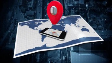 Dijital olarak oluşturulan cep telefonu ve pin ile harita. Araba ve binalar ile yolun arka plan.