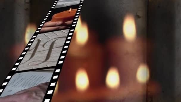 Digitally Generated Film Strip Showing Different Videos Background Shows Lighted — Stock Video