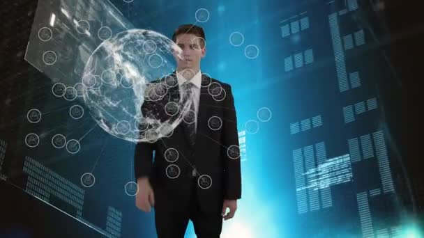Digital Composite Adult Caucasian Man Business Suit Looking Digital Sphere — Stock Video