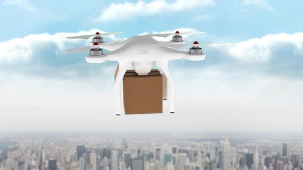 Dijital Olarak Üretilen Beyaz Drone Bir Kutu Taşıyan Şehir Üzerinde — Stok video
