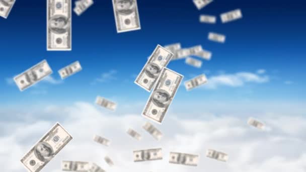 Dollar Bills Falling Sky Clouds — Stock Video