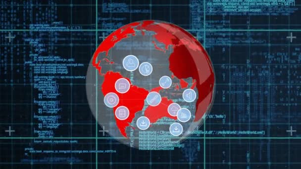 Globe Rotatif Généré Numériquement Tandis Que Les Icônes Numériques Déplacent — Video