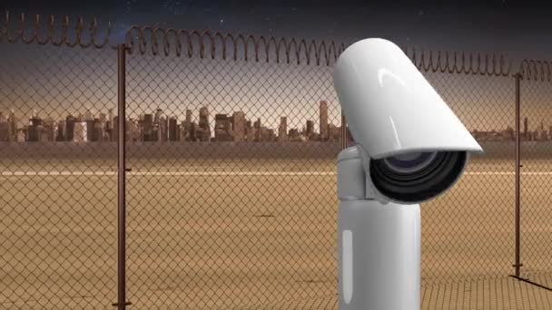 Vooraanzicht Van Bewakingscamera Beweging Achtergrond Toont Een Veld Met Barricade — Stockvideo