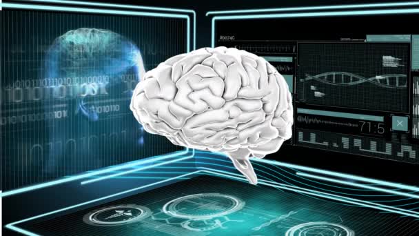 デジタルで生成された回転する人間の脳 背景は 異なる医療写真を持つ画面を示しています — ストック動画