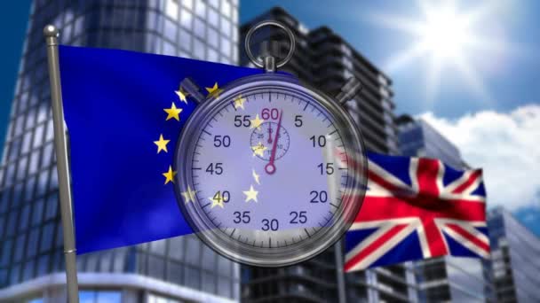 高層ビルと背景にヨーロッパと英国の旗の波ながら実行されているビンテージストップウォッチのデジタルアニメーションを生成 — ストック動画
