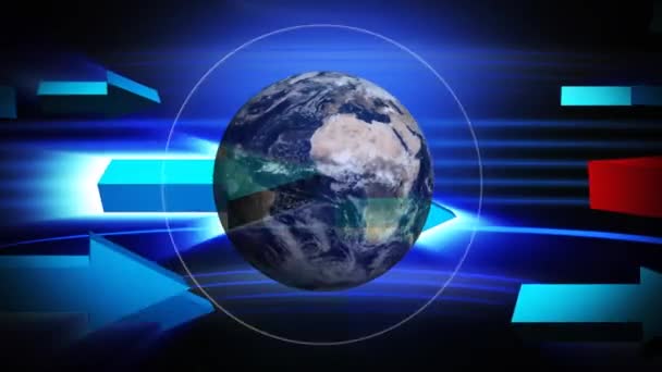 数字生成的旋转地球 有白色的发光圆圈 蓝色和红色箭头在背景的屏幕上移动 — 图库视频影像