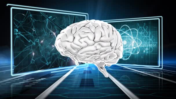 Digitálně Generovaný Rotační Mozek Pozadí Ukazuje Dvě Obrazovky Atomové Částice — Stock video