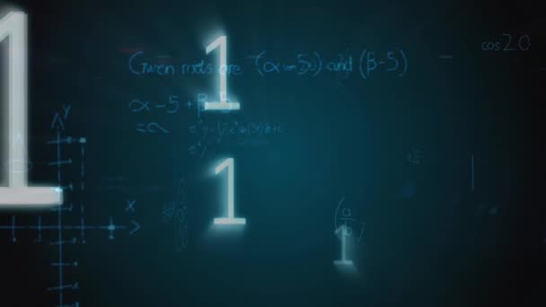 デジタルで生成された輝くバイナリコード 背景は方程式とグラフを示しています — ストック動画