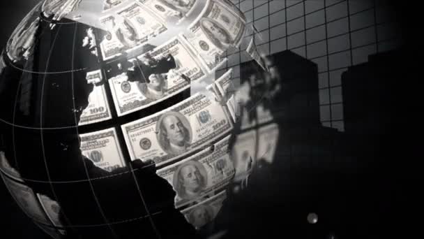 Digitaal Gegenereerde Roterende Globe Met Dollarbiljetten Waarom Achtergrond Wijzigingen Gebouwen — Stockvideo