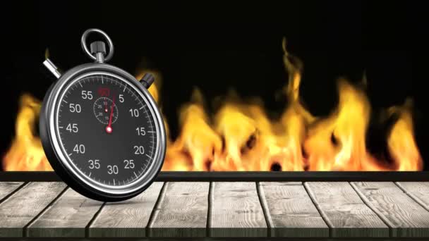 Digitally Generated Black Stop Watch Wooden Plank Background Burning Fire — Stock Video