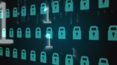 Dijital olarak oluşturulan asma kilit simgeleri, parlayan ikili kodlar görünürken kaydırma kilidini açar. Parlayan daire ışıkları arka planda düşüyor.