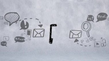 İletişim ve sosyal medya diğer simgeleri ile cep telefonu kroki dijital animasyon.