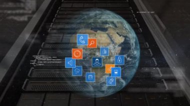 Dijital simgeler hareket ederken ve genişlerken dijital olarak oluşturulan dönen küre