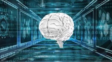 Dijital olarak oluşturulan dönen insan beyni arka planda ikili sayılar ile