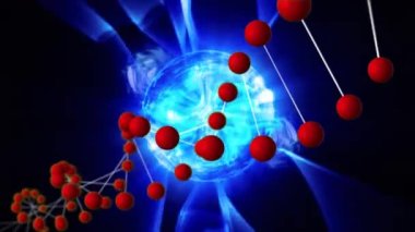 Dijital olarak oluşturulan dönen DNA çift sarmalı iplikçik, arka plan ise koyu ve parlak küresel merkezi gösterir