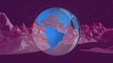 Pembe bir yatay grafik boyunca merkezden yanıp sönen beyaz daire ile dijital olarak oluşturulan dönen küre
