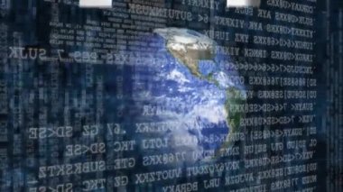 Dijital olarak oluşturulan Earth koyu arka plana karşı beyaz oklar ön ikili kodları yukarı doğru işaret ile ekran üzerinde hareket döner.