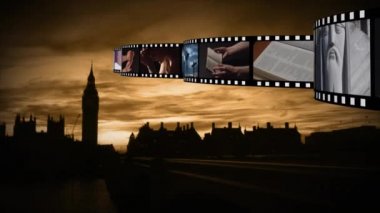 Film şeritleri din hakkında farklı fotoğraf ve videolarla üstte hareket ederken şehir veya şehir Silueti dijital kompozit