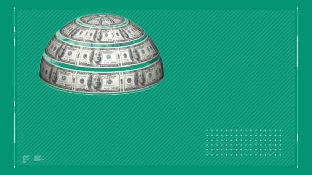Digitálně Generovaná Otáčející Koule Dolarovou Bankovkami Povrchu Modrým Zeleným Pozadím — Stock video