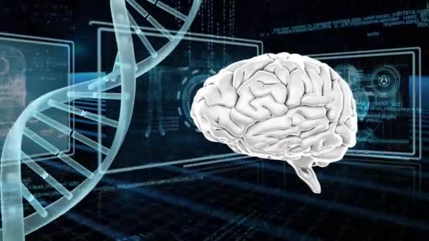 디지털 생성된 인간의 Dna 가닥이 회전합니다 배경은 정보와 화면을 보여줍니다 — 비디오