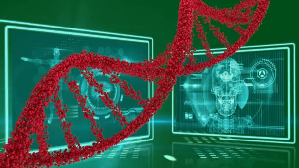 Digitalt Genererade Dna Double Helix Modellen Rött Bakgrund Visar Skärmar — Stockvideo