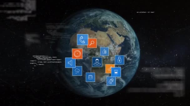 Globo Giratório Gerado Digitalmente Enquanto Ícones Digitais Movem Expandem — Vídeo de Stock