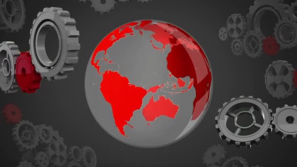 Digitally Generated Red Globe Rotating While Surrounded Gears — Stock Video