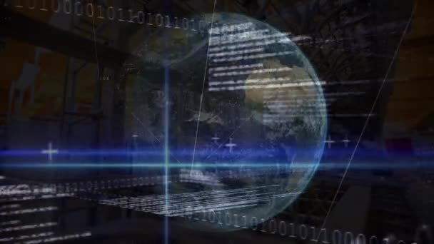 背景がバイナリ番号と異なる情報を示しながら デジタル生成された地球の回転 — ストック動画