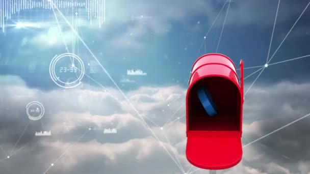 記号付きのデジタル生成された赤いメールボックス 背景は空と雲を示しています — ストック動画