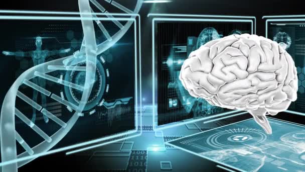 Cérebro Humano Gerado Digitalmente Fita Dupla Hélice Dna Gira Fundo — Vídeo de Stock