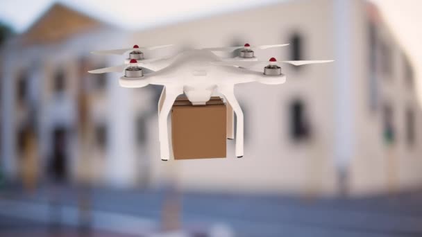 Digitálně Generovaný Dron Plující Před Domem Nesoucí Krabici — Stock video