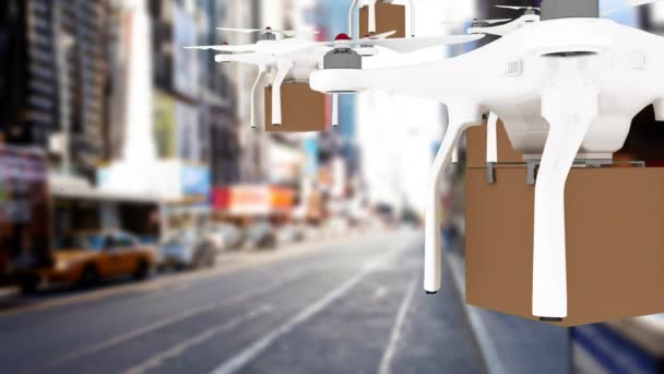 Digitaal Gegenereerde Drones Met Dozen Die Een Straat Vliegen — Stockvideo