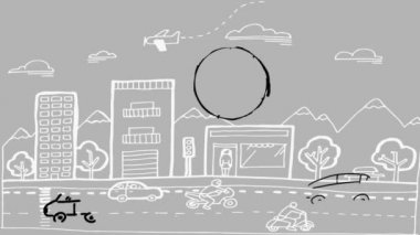 Bir pasta grafik ve iki araba, renkli bir çizim dijital animasyon. Arka plan, bir şehrin beyaz mürekkep çizimini gösterir