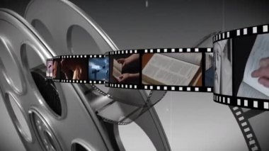 Dijital olarak oluşturulan film şeridi ile din hakkında farklı videolar ekranda hareket ediyor. Film makaralı gri arka plan