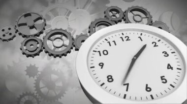 Farklı boyutlardaki gri dişliler hareket ederken elleri hareket eden dijital olarak oluşturulan saat